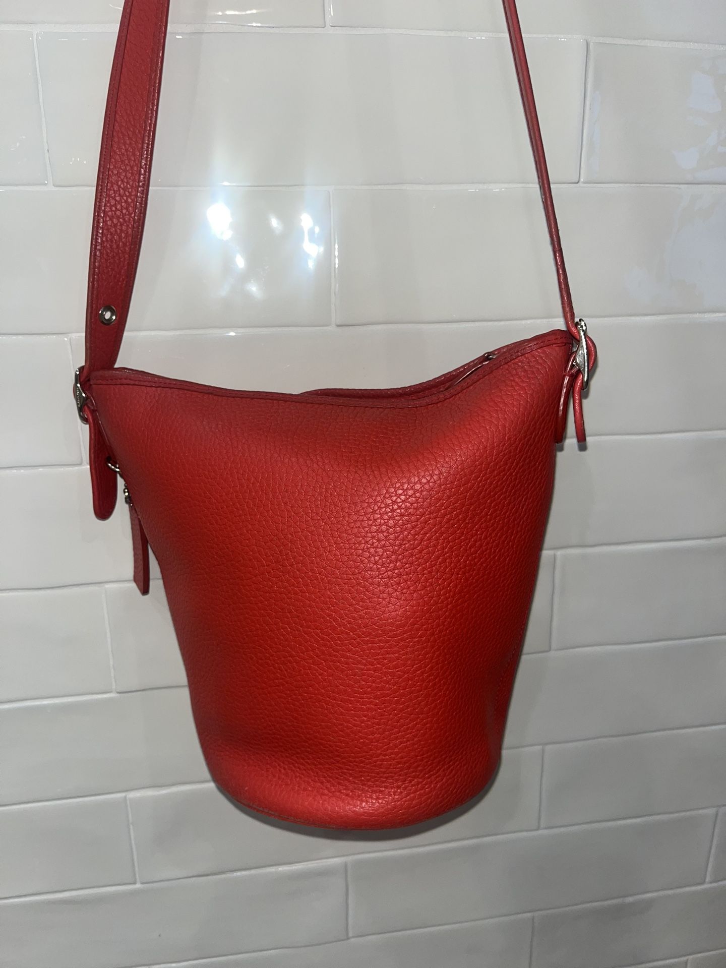 Coach Coral Red Mid Size Bucket Bag Purse Pebbled Leather
