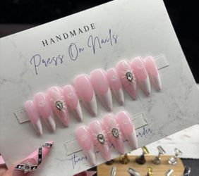 Extra long stiletto press on nails white French tips acrylic flowers hearts pink