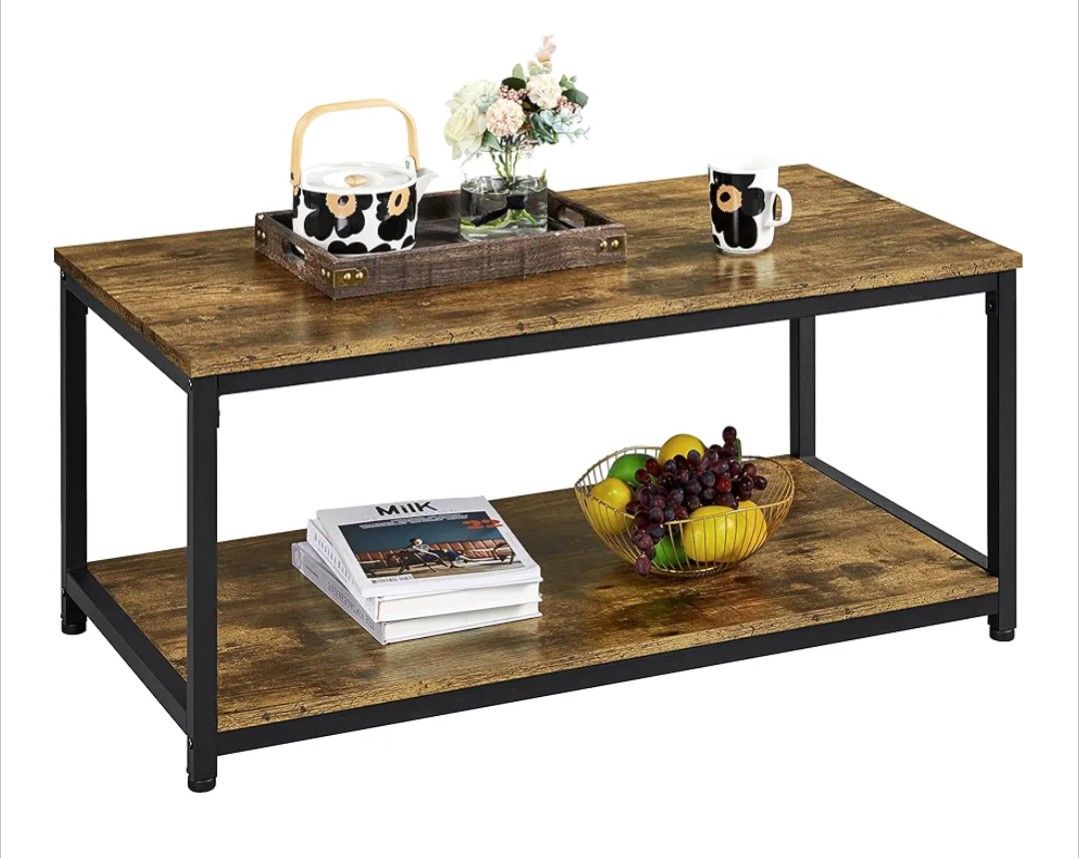 Coffee Table 2 Tier Industrial Wood With Storage Shelf End Table With Metal Finish Rustic Brown