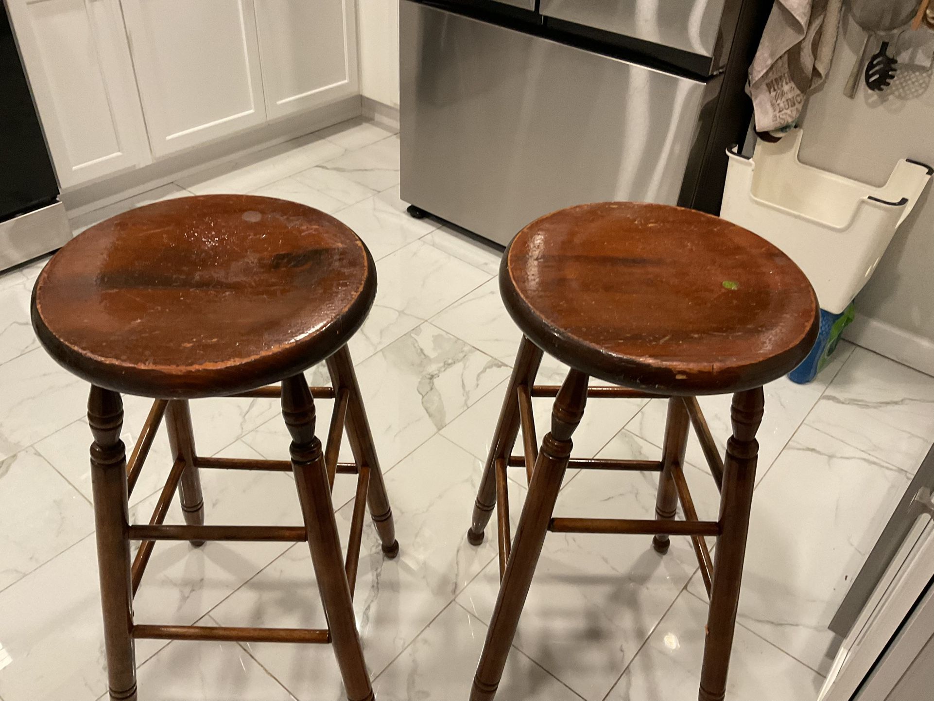 Two Strong Wooden Bar Stools, In Very Good Conditions ( One Is Missing A Bar In The Bottom) (NO SHIPPING) Both For $40