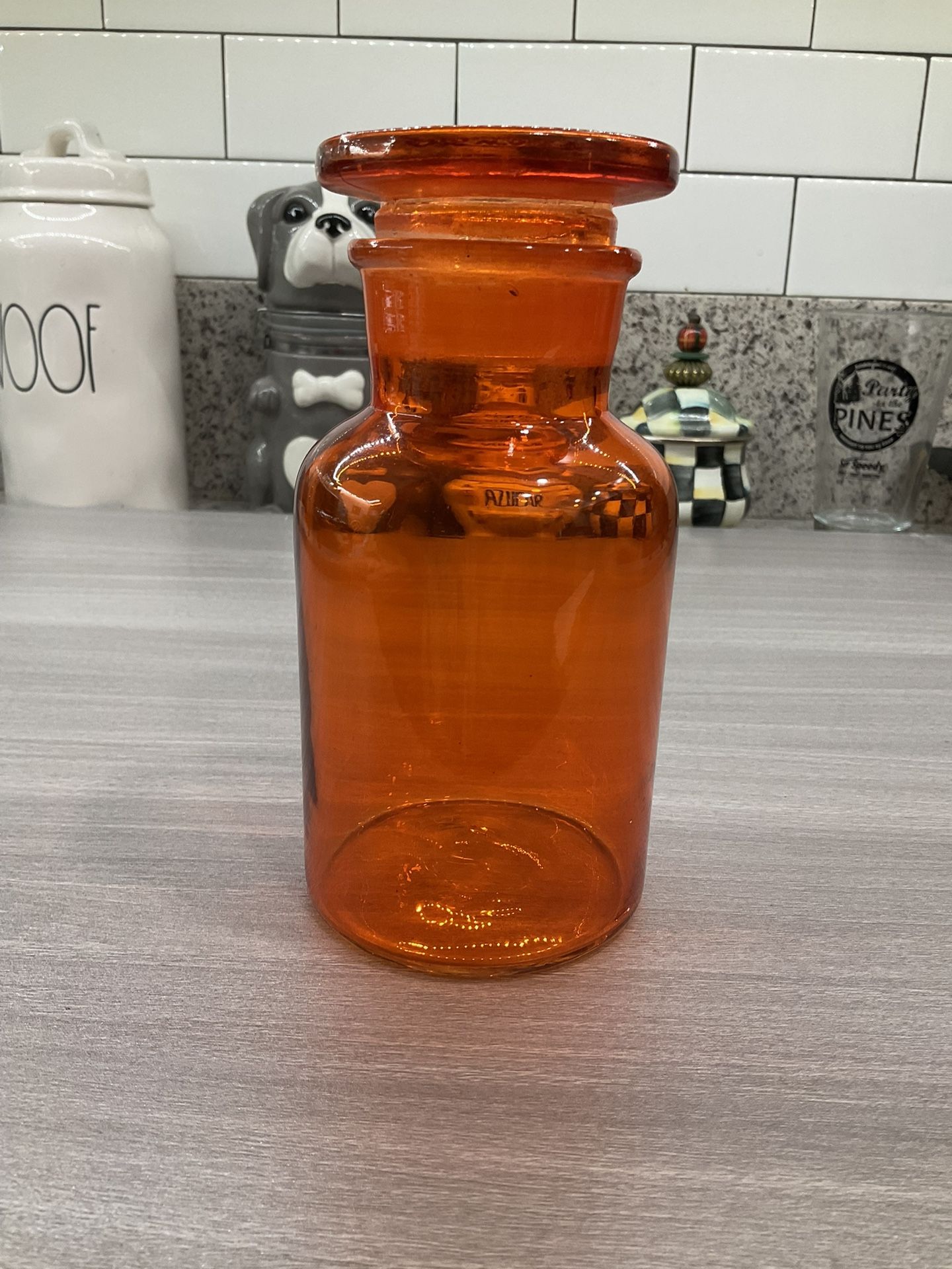VINTAGE ORANGE BLOWN GLASS APOTHECARY CANISTER WITH LID