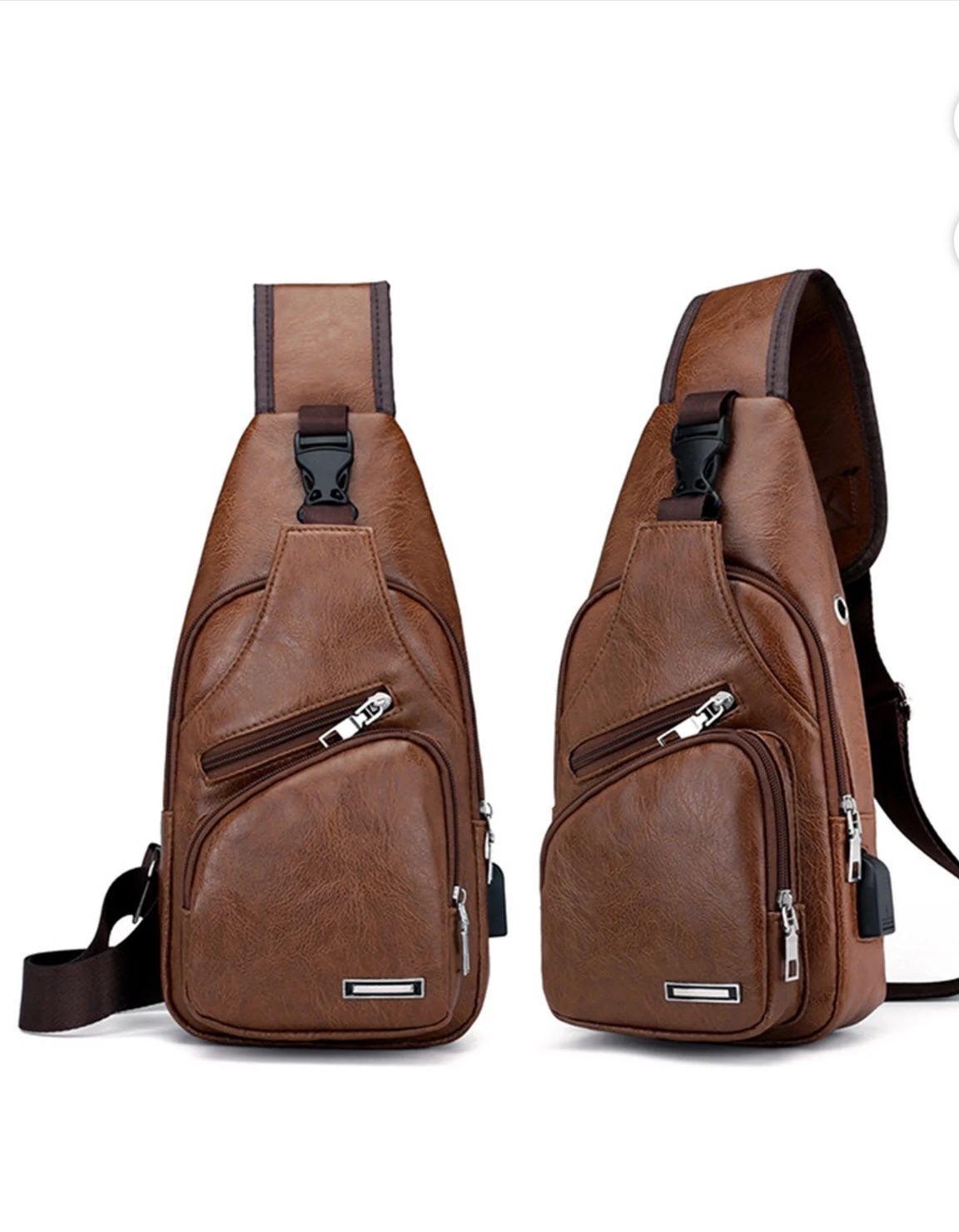 Amacok Men's Leather Sling Bag Anti-Theft Crossbody Bag, Shoulder Bags Crossbody, Hiking Casual Daypack Shoulder Chest Bag with USB Charging Port