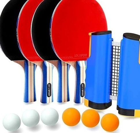 Joy.J Sport Ping Pong Paddle Set with Retractable Net - 4 Premium Table Tennis Rackets - 6 Standard 3-Star Balls, Portable Cover Case Bag (4-Player Se