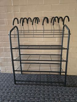 Steel Shoe Rack 4 Tier Shelves + 12 Top Hooks