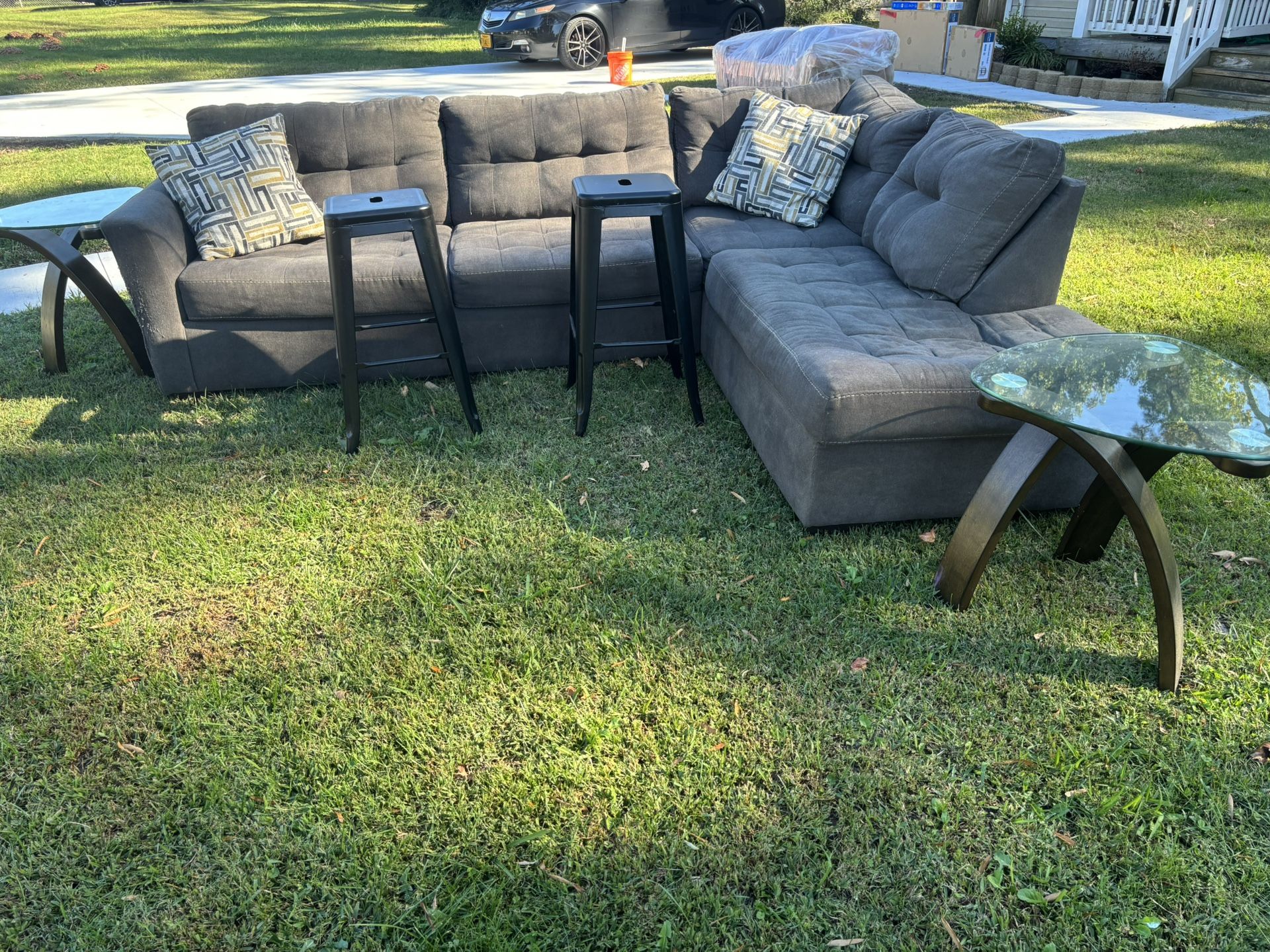 Smoke Grey Sectional, 2 End Tables, 2 Bar Stools