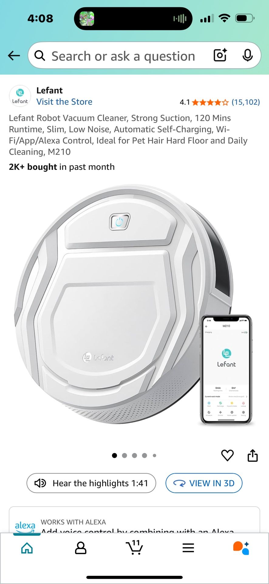 Lefant Robot Vacuum Cleaner, Strong Suction, 120 Mins Runtime, Slim, Low Noise, Automatic Self-Charging, Wi-Fi/App/Alexa Control, Ideal for Pet Hair H