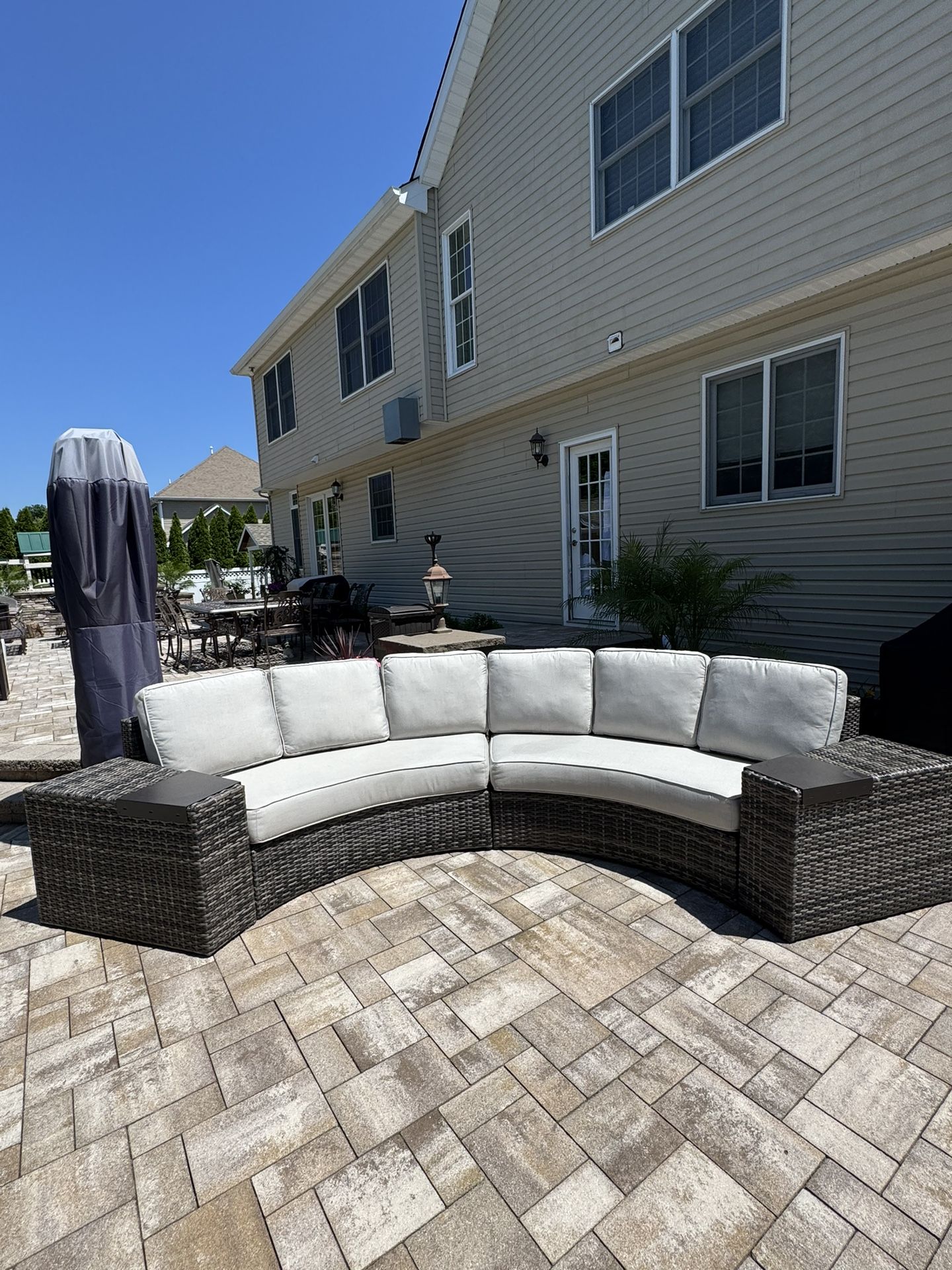 Fortunoff San Lucas Outdoor Wicker with Cushions Sofa Contour Sectional Group w/ two wedges w/ rug-