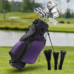 8 GOLF CLUB SET WITH PURPLE-SILVER LIGHTWEIGHT DESIGN 3 HEAD COVERS VERTICAL BAG RIGHT HAND FOR WOMENS AND BEGINNERS SALE PRICE$399.97