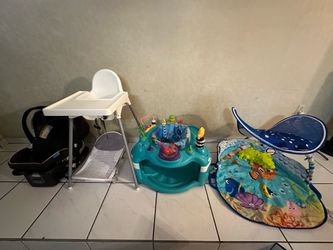 Baby Items - Car Seat with 2 bases, basic high chair, bath chair, light up with sounds Nemo floor mat and ocean themed activity center / exersaucer