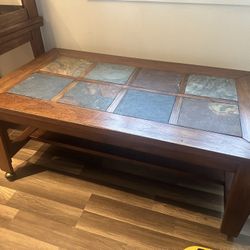 Wooden/Stone Coffee Table And Two End Tables