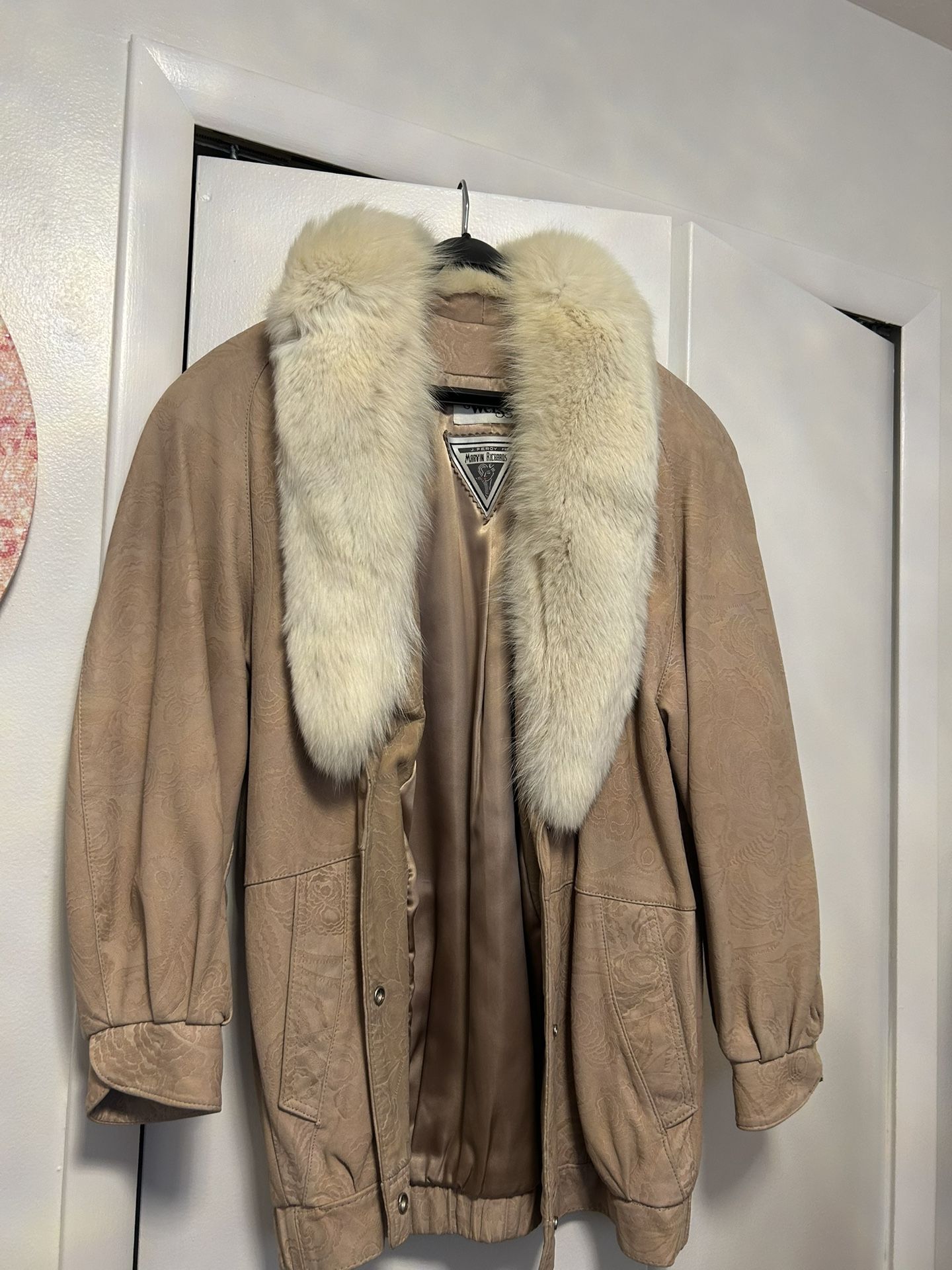 Tan leather Coat with Fox Trim….Best offer!