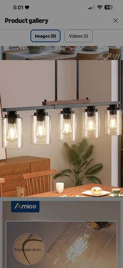 Amico Dining Room Light Fixture 5-Light Kitchen Island Lighting with Adjustable Rods, Farmhouse Decor Black Metal & Wood Chandelier with Seeded Glass 