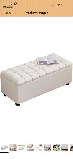 White Faux Leather 38" Storage Bench Ottoman with Hinged Lid and Footrest Versatile Spacious Storage Ottoman Bench with Comfortable Seat and Footrest 