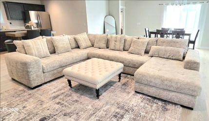Upholstered Teddy Bear Soft Fabric Sectional with Chaise Includes all Pillows and Ottoman as Shown