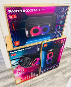 Powerful JBL PartyBox Stage 320 portable party speaker. It has JBL Pro Sound, adaptive lightshow, and splashproof design. Speaker has telescopic handl