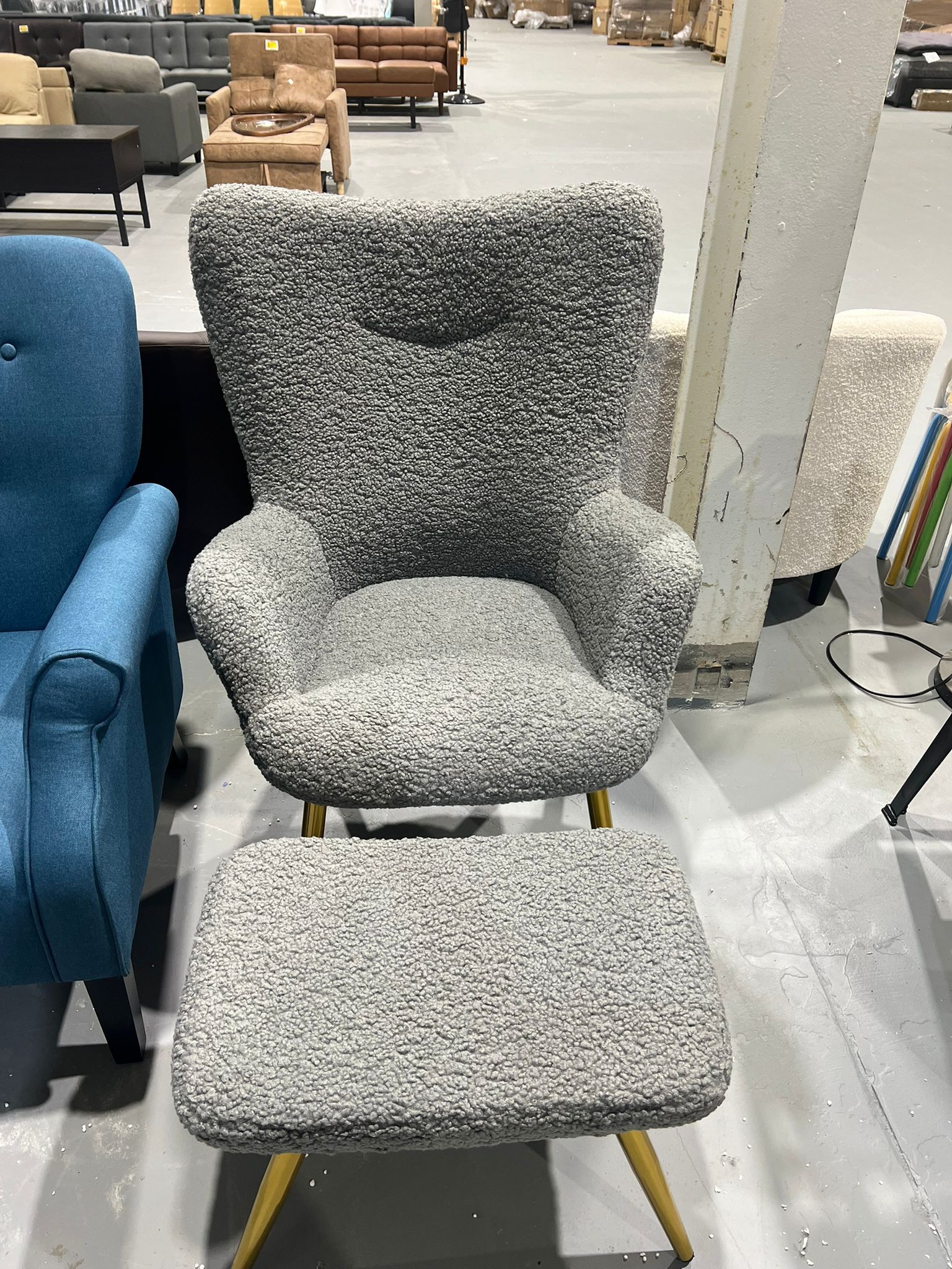 Boucle Accent Chair and Ottoman Set, Sherpa Armchair with Golden Metal Legs, High Back Reading Chair and Footstool for Living Room, Bedroom, Lounge, G