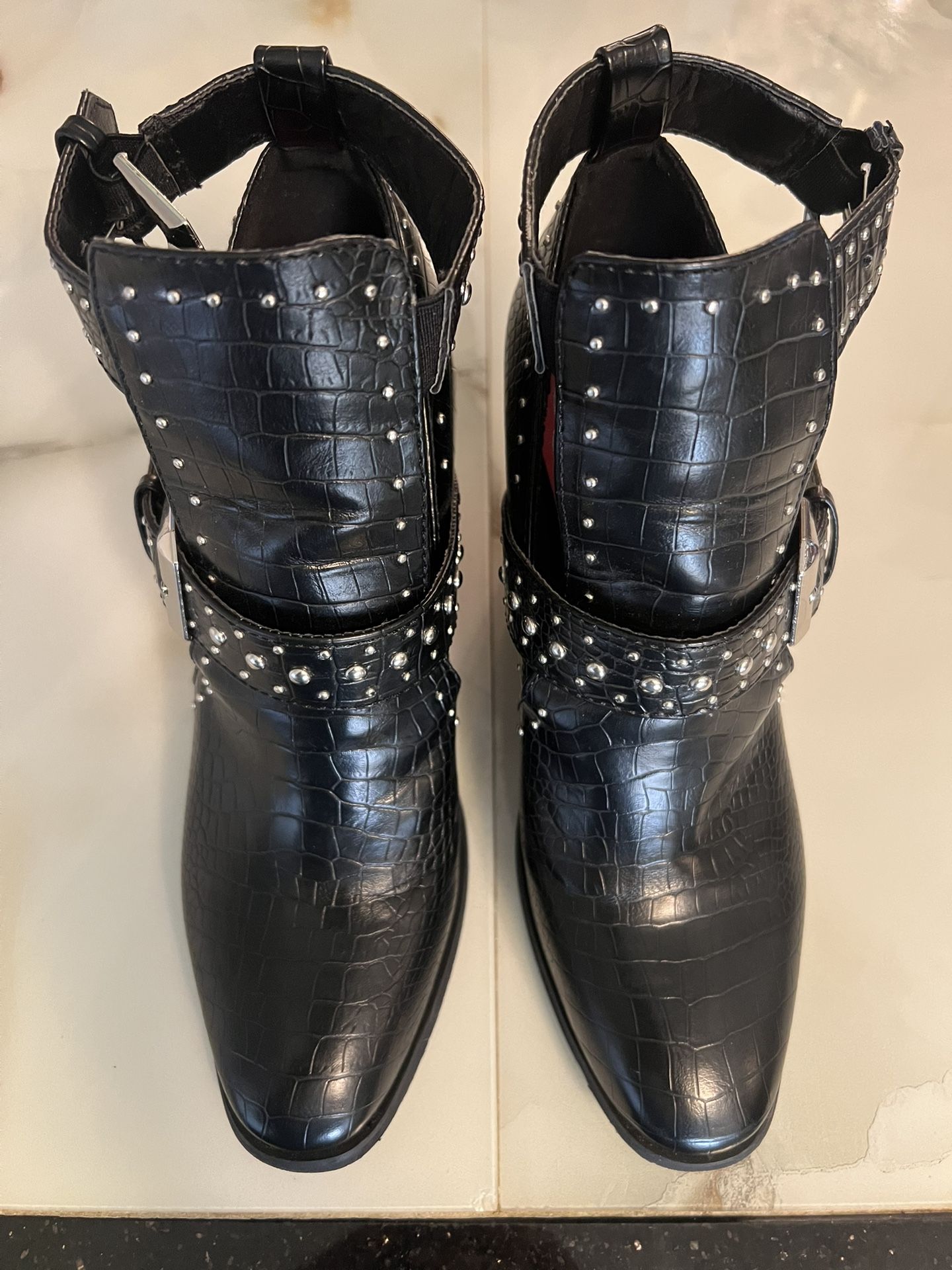 Kayla Women's Black Studded Ankle Boots with Buckle Straps