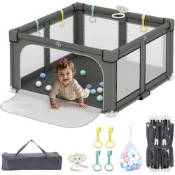 Playpen for Babies and Toddlers, 50" X 50" Large Collapsible Play Pen with Basket, 4 Handlers & 50 Ocean Balls, Portable Travel Play Yard with Carry B