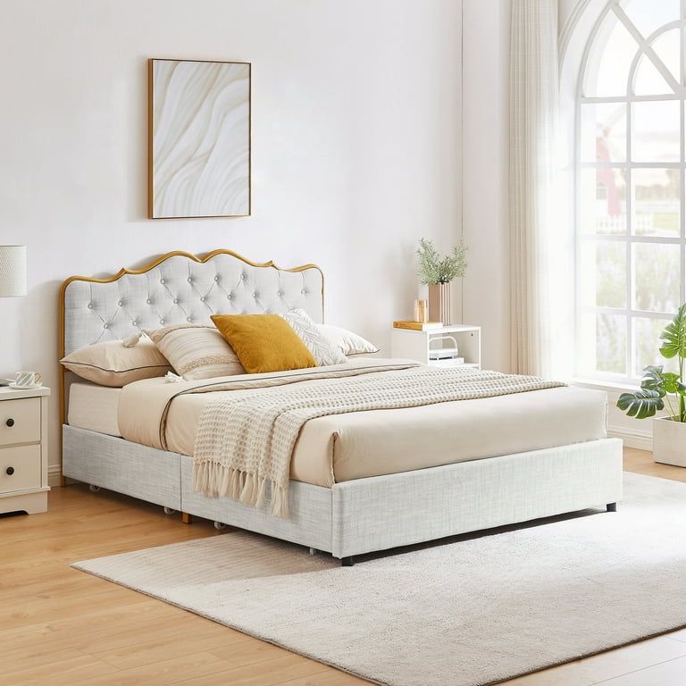 Queen size Upholstered Wooden Slats Platform Bed with Classic Buckle Backrest & 4 Storage Drawers