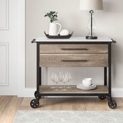 Derry Stone Top Mixed Material Kitchen Island Brown - Threshold: Solid Hardwood, Storage, Wheels