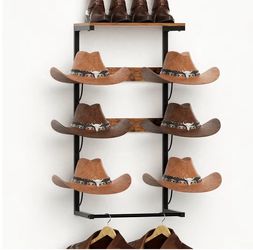 Cowboy Hat Rack for Wall, 6 Hat Holder with Rustic Wooden Metal Design, Western Hat Organizer Wall Mount Holds up to 6 Hats, Display