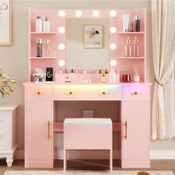 Pink Vanity desk with mirror Lights And Stool