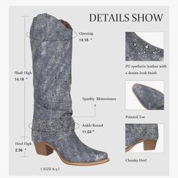 FIFSY Rhinestone Denim Cowgirl Boots – Sparkly Knee-High Chunky Heel