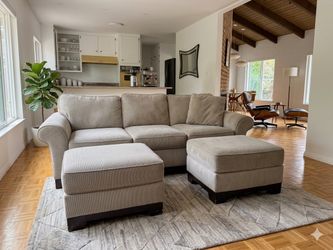 Comfy Beige Sleeper Sofa + 2 Ottomans (Queen Pull-Out Bed)