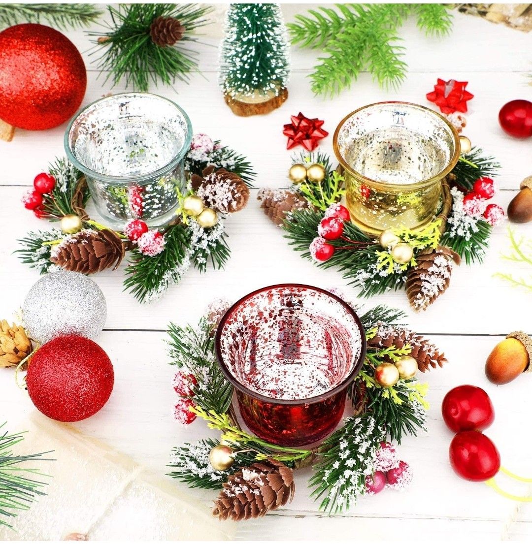 Set of 3 Candle Holder with Mini Wreath Christmas Centerpiece, Holiday Tabletop Decor