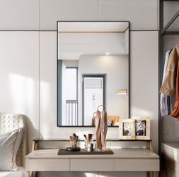 Black Rectangle Wall Mirror, 24x32 Inch Bathroom Mirror, Aluminum Frame Vanity Mirror For Entryway, Living Room, Bedroom Bathroom, Hangs Horizo