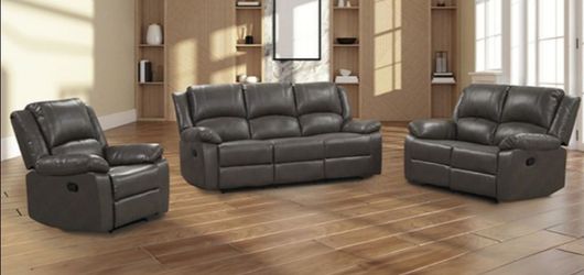 Brand New Grey Leather 3pc Reclining Sofa Set