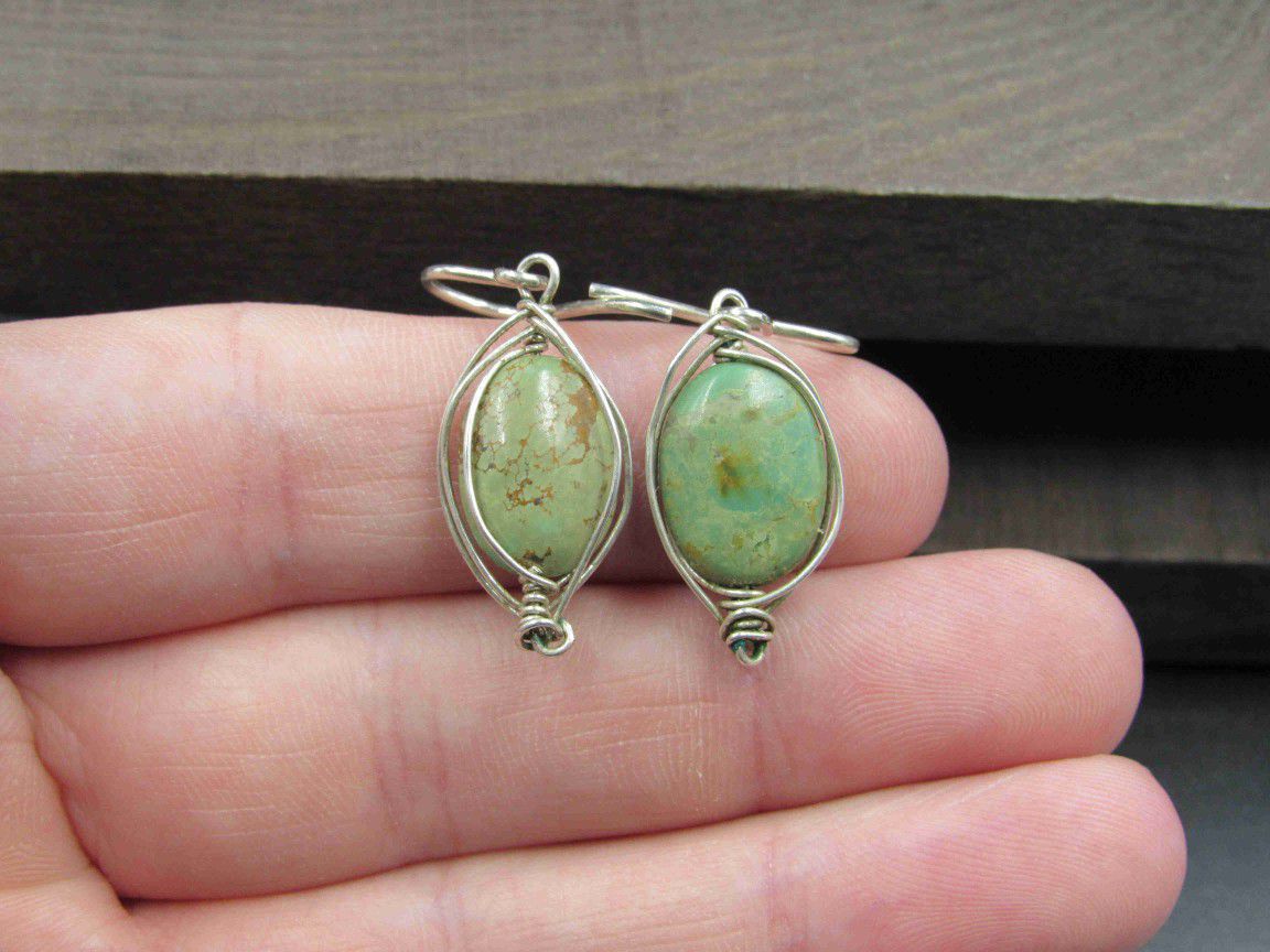 Sterling Silver Hand Wrapped Turquoise Stone Dangle Earrings Vintage