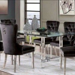 Brand New Black Chrome Acrylic, Glass, Metal 7pc Dining Table Set