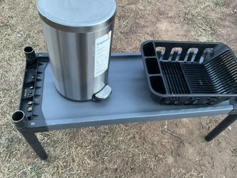 A Long Shelf With One Stainless Steel Kitchen Trash Can With Food To Open , And A Dish Rack (NO SHIPPING) All For $25