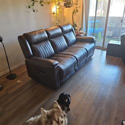 Brown Leather Reclining Sofa – Good Condition