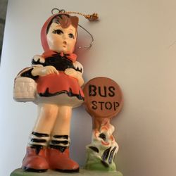 Vintage Bus Stop Girl Statue Figurine Basket Flower Hummel Style Plastic
