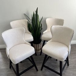 Counter Height Bar Stools Set of 4, 26" H Swivel Bar Stool with Back, Linen Fabric Counter Stool, Solid Wood Legs, Retro Upholstered Barstools for Kit