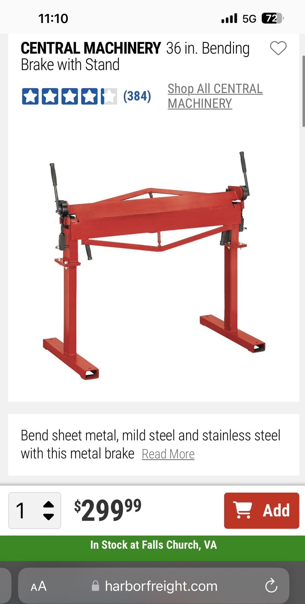 CENTRAL MACHINERY36 in. Bending Brake with Stand