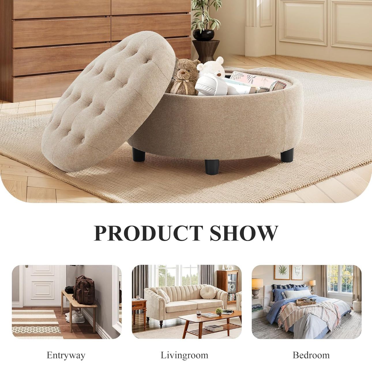 Fabric Round Storage Ottoman with Reversible Tray Lid – Multi-Functional Footrest, Hidden Storage, Sturdy & Stylish Small Coffee Table for Living Room