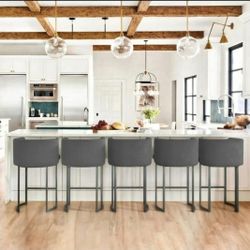 Set of 5Counter Height Bar Stools, Modern Barrel Counter Stools with Backrest and Arms, Black Metal Frames, Linen Fabric Upholstered Accent Barstools 