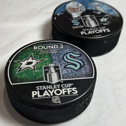 Stanley Cup Playoffs NHL 2023 – Seattle Kraken vs Dallas Stars – Official Game Pucks (Set of 2)