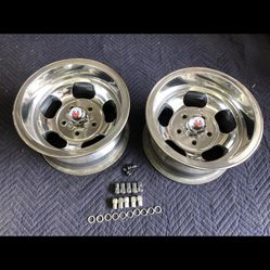 VINTAGE 14X8 1/2  PAIR (2)POLISHED US INDY STYLE MAGS  5 ON 4 3/4 CHEVY HOTROD