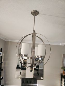4 light Nickel Modern Globe Pendant light/chandelier with Milk Glass shades. Adjustable Height. Works woth Dimmable lights and switches