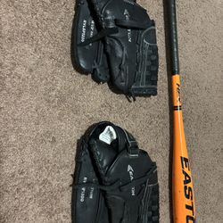 Easton Baseball Bat & 2 Gloves 
