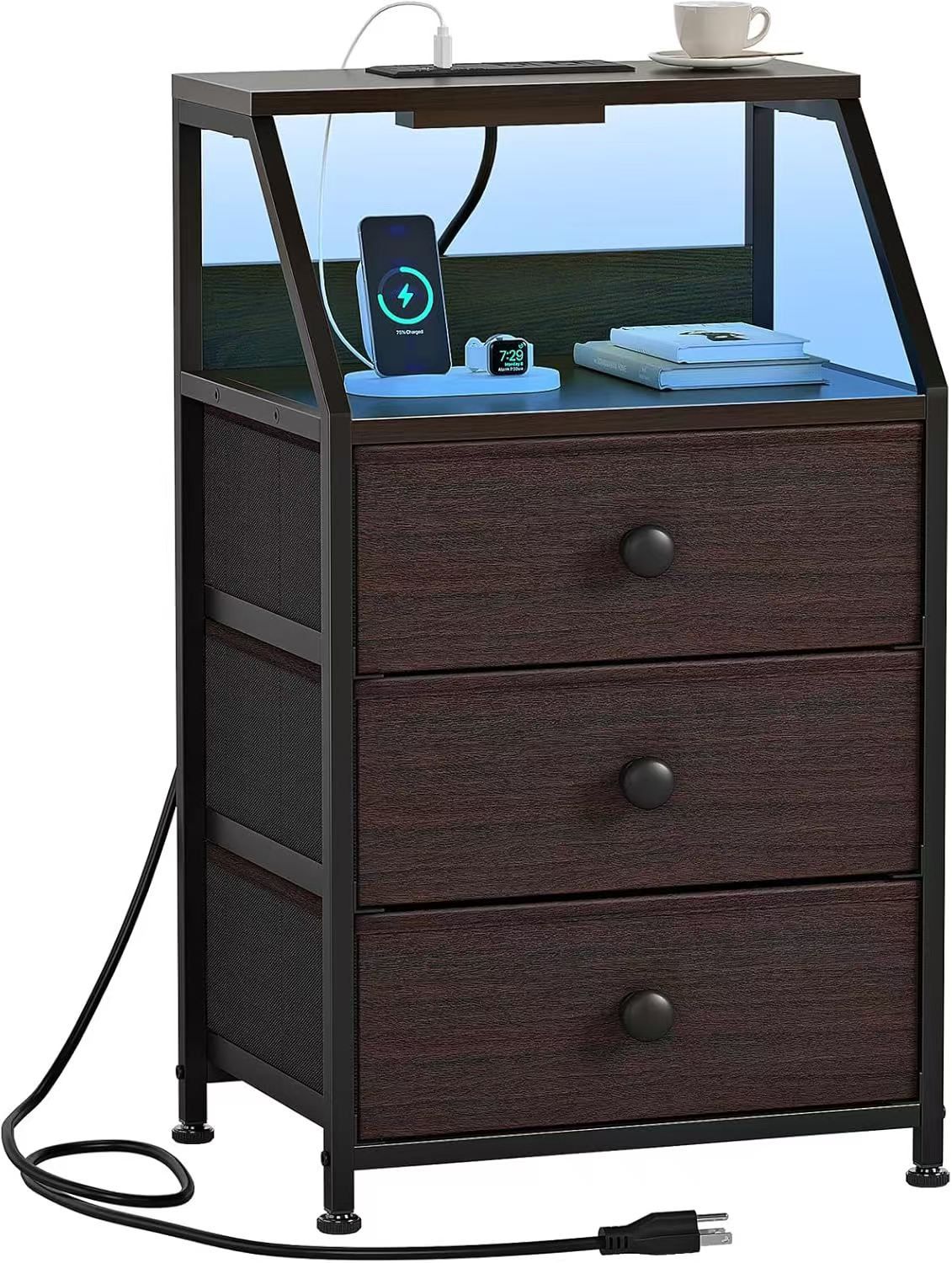 HD014BN-1 Nightstand with Charging Station and Led Light, Tall Brown Bedside Table with 3 Fabric Drawers and 2-Tier Storage Shelves, Modern Night Stan