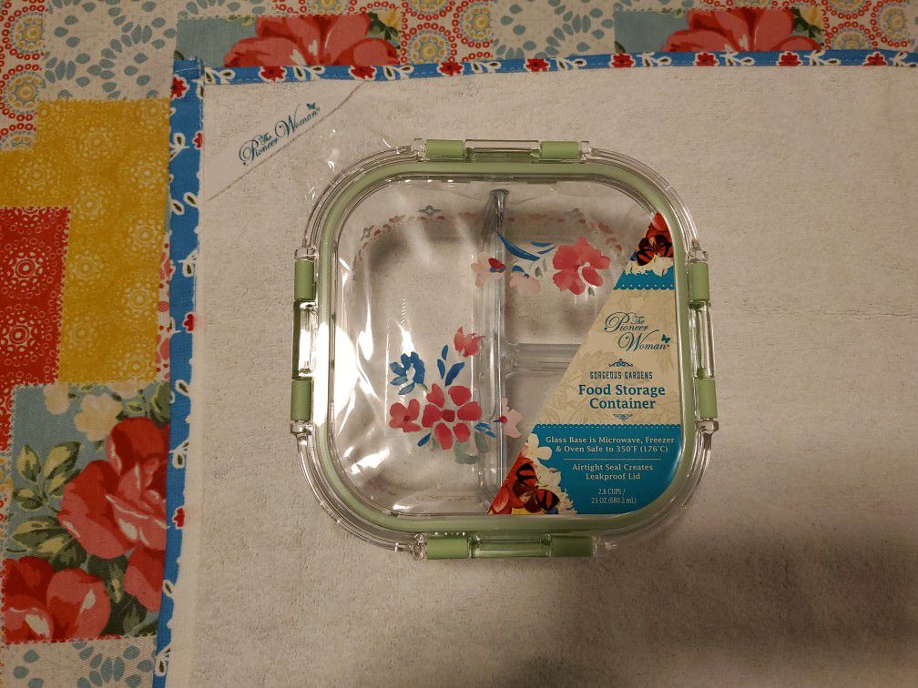 New Pioneer Woman "GORGEOUS GARDEN" Glass Food Storage Container W/Lid 23 OZ.