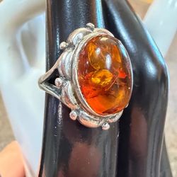 Vintage Sterling Silver Amber Ring Sz 5 4.86g 925 Signed