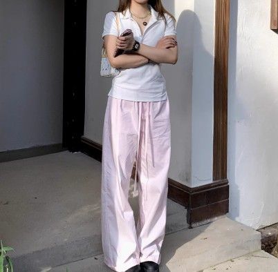 Where are the orange trees? Pink pure cotton casual pants for women, summer cool feeling, simple and loose, versatile, elastic waist, straight leg pan
