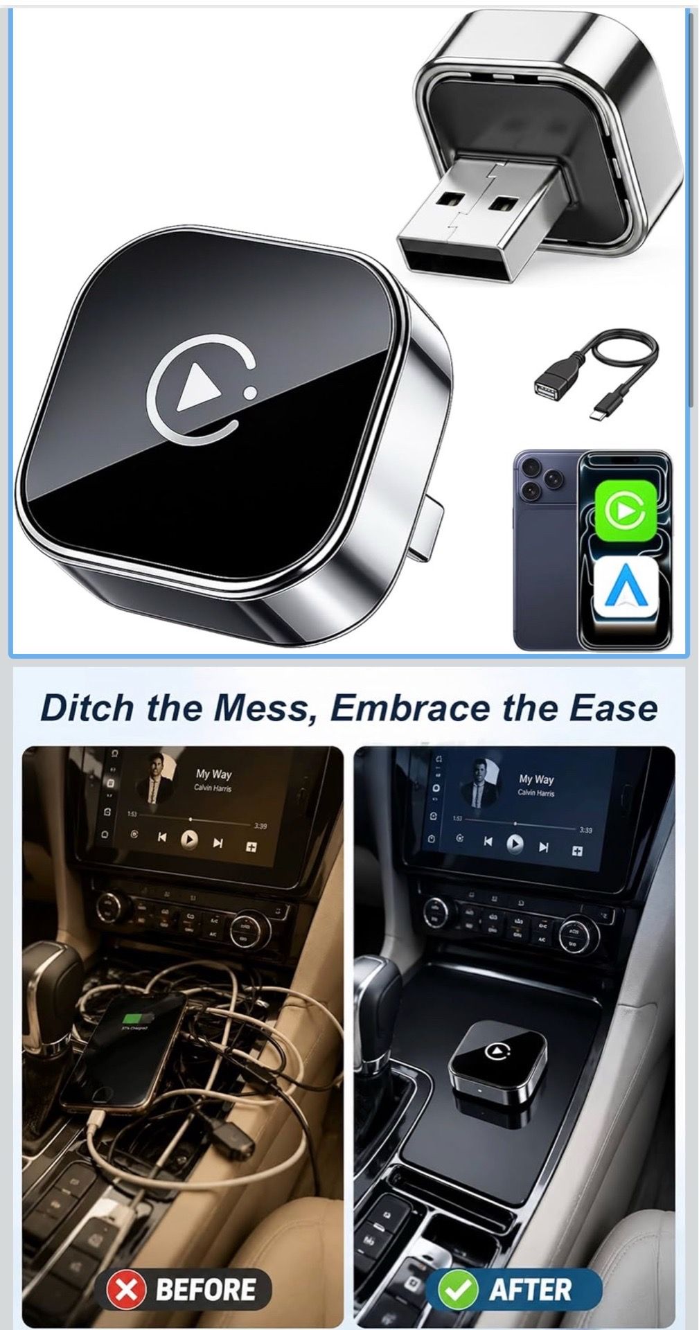 🔥Brand new🔥 Wireless CarPlay & Android Auto Adapter for Cars, Converts Wired CarPlay to Wireless, Fast Auto Connect, Plug and Play, Stable Bluetooth