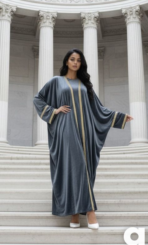 Luxury Velvet 2-Piece Abaya Set with Gold Crystal Trim Elevate your modest wardrobe with this stunning two-piece velvet abaya set. Designed for specia